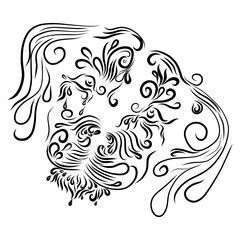 abstract tattoo fluffy head portrait of a dog muzzle of elegant lines in black on a white background