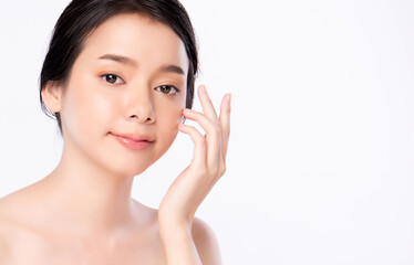 Obraz na płótnie Canvas Beautiful Young Asian Woman touching her clean face with fresh Healthy Skin, isolated on white background, Beauty Cosmetics and Facial treatment Concept