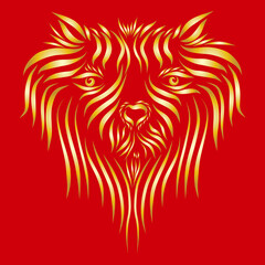 abstract fluffy head muzzle dog face elegant golden thin line on a red background