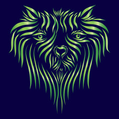 abstract fluffy head portrait of a dog muzzle of elegant green lines on a blue background