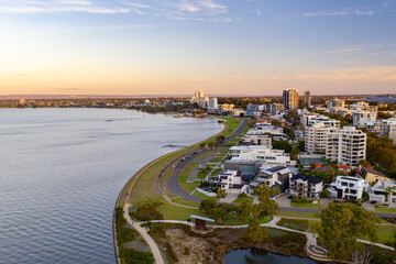 Aerial drone shot of the South Perth foreshore at sunset. 