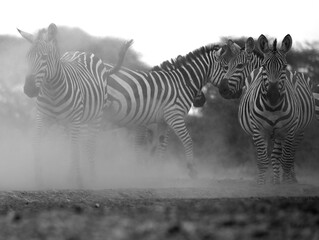 A heard of Zebra (Equus quagga) near a waterhole. Black and White.