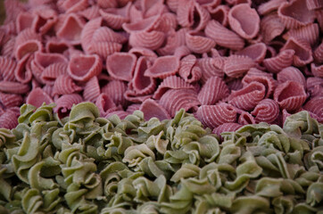 Different colours homemade pasta shells