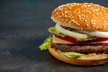  burger on dark gray wooden background