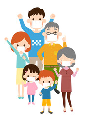 マスクをした二世帯家族