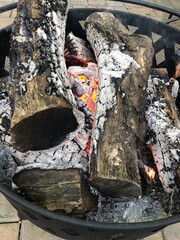 Fire pit with burning logs