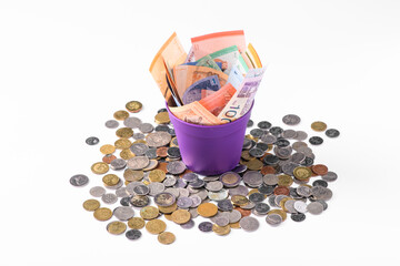 Malaysia money notes and coins in white background