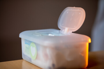 Wet wipes are universal an practical: big plastic box package for cleaning