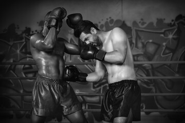 Fototapeta na wymiar diverse boxing fighters fighting on ring in champion match