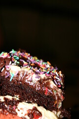 Chocolate birthday cake with candy hundreds and thousands sprinkles, close up macro