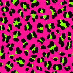Punk rock style eighties/80s fashion pattern. Seamless Faux Leopard Skin Pattern with neon green spots on pink background. Vector illustration animal repeat surface pattern. 