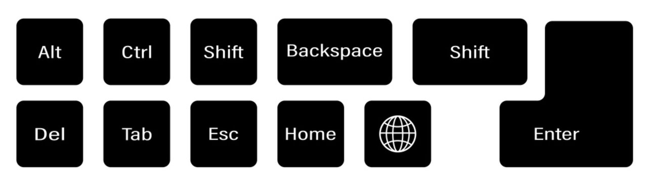 set of additional keyboard keys on a white background. Alt, Ctrl, Enter, Backspace, Esc, globe, Shift. Isolated vector
