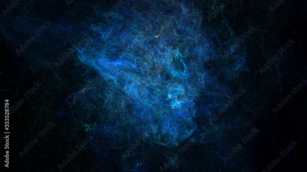 Poster Futuristic colorful particles explosion shock wave flowing in cyber space de-focus abstract background