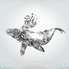 A silhouette of whale is in a decorative pattern