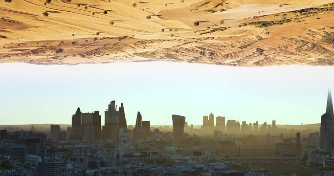 4k drone footage of two contrast ideas of nature and urban city life.
