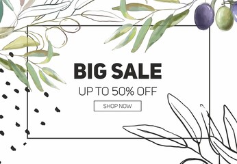 Sale banner advertising template. frame. olive leaves and green and black olives. pink. white. green. black. elegant template