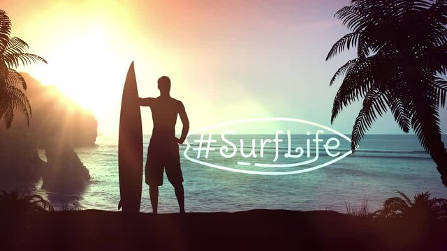Silhouette of a surfer on a tropical beach.