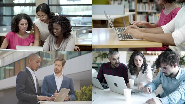 Diverse business groups using laptops for work and studying. Closeup of typing hands. Multiscreen montage, collage portraits. Communication concept