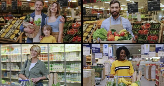 Collage of joyful men and women in supermarket smiling to camera. Cheerful multiethnic people of diverse ages in grocery. Family shopping in food store. Grocery worker with vegetables. People concept