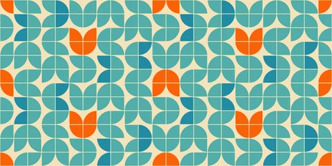 Deurstickers Retro stijl Halverwege de eeuw moderne stijl naadloos vectorpatroon met geometrische bloemenvormen gekleurd in oranje, groen turkoois en aquablauw. Retro geometrische patroon jaren zestig stijl.