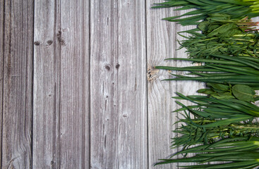 Border of fresh spicy kitchen greens on a wooden background. Salad ingredients: green onion and...