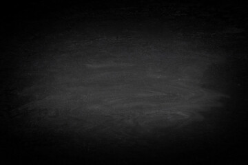 Chalkboard or black board texture abstract background with grunge dirt white chalk rubbed out on blank black billboard wall