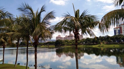 Fototapeta na wymiar Kuala Lumpur, Malaysia- 30 December 2019; view of Ampang Hilir Lake Garden located at Desa Pahlawan, Kuala Lumpur