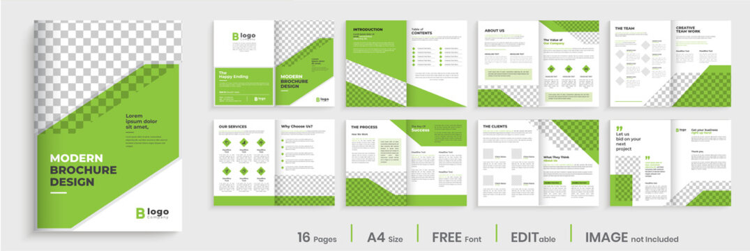Business brochure design, green minimalist corporate 16 pages brochure template layout, modern creative editable annual report, multipage brochure template design.