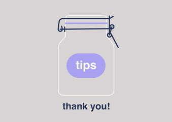 A tips jar, empty container for coins, restaurant service