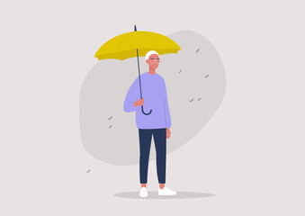 Weather forecast, rainy season, a young male character holding a yellow umbrella