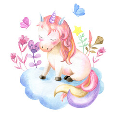 A cute unicorn sits on a cloud among magic flowers and fluttering butterflies.