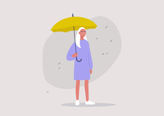 Weather forecast, rainy season, a young female character holding a yellow umbrella