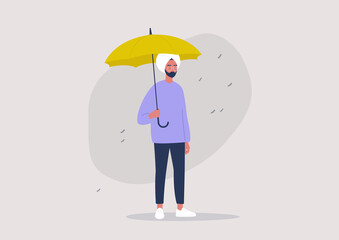 Weather forecast, rainy season, a young indian male character holding a yellow umbrella