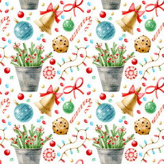 Watercolor seamless Christmas pattern with Christmas decorations, candies and cookies. Christmas design. - obrazy, fototapety, plakaty