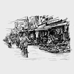 Drawing of market reopens after Covid 19 in Vietnam 