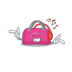 Woman sport bag Cartoon design concept listening music on headphone