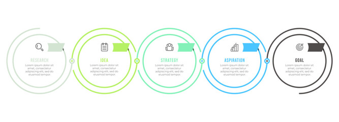 Thin line process infographic template design with circles and 5 options or steps. Can be used for workflow diagram, presentation, annual report.