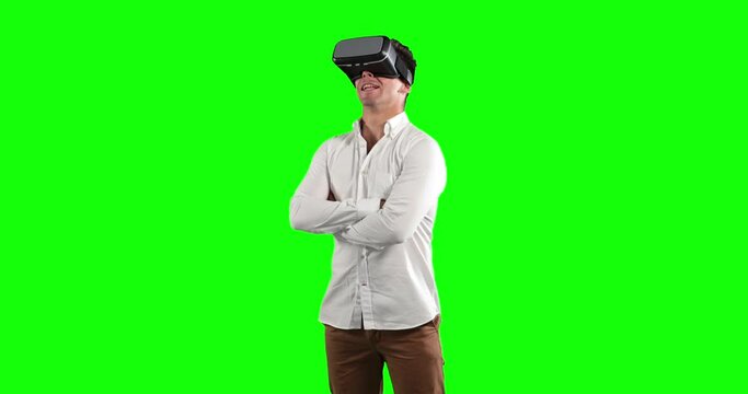 Animation of a Caucasian man wearing 3D goggles in a green background