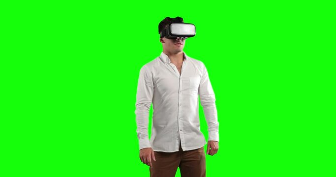 Animation of a Caucasian man wearing 3D goggles in a green background