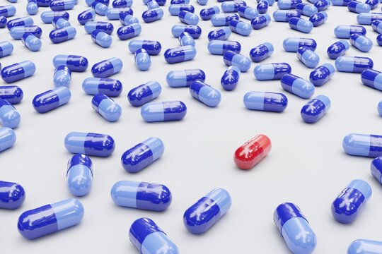 Red Pill On White Background. Red Pill Or Blue Pill? Conceptual 3d Rendering