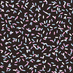 big pink purple blue and white sprinkles seamless pattern on a dark chocolate brown background 