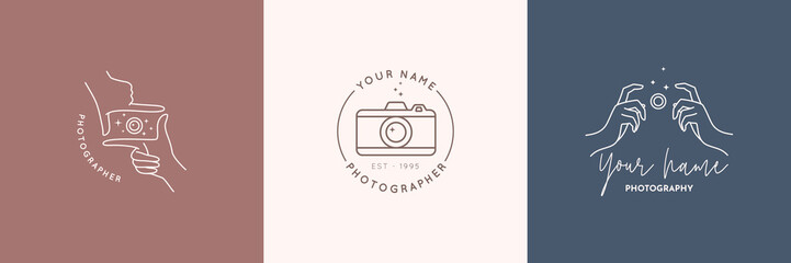 Linear logo of the photographer. Women's Hands hold the camera shutter. Vector logol for a photo Studio - obrazy, fototapety, plakaty
