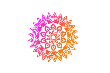 Round gradient mandala on white background, Vector boho mandala in orange and pink colors. Mandala with floral patterns.
