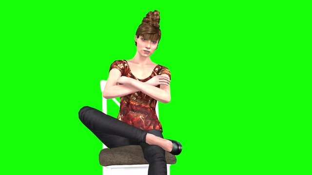 4k 3d animation of a young female avatar women with a beehive hair style sitting on a chair with her arms folded talking and explaining something.
