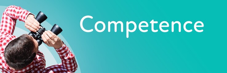 Naklejka premium Competence. Businessman (man) looks through binoculars. Birds eye view. Focus on text. Blue Background. Business, Finance, Statistics, Analysis, Economy