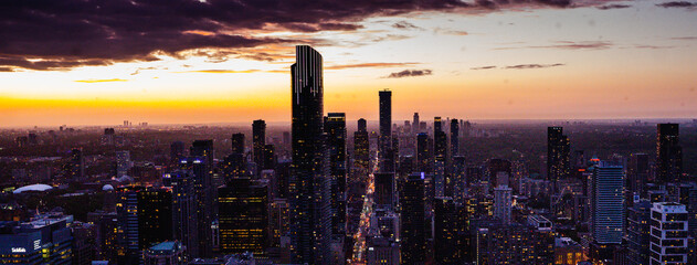 Sunset view from one of the tallest buildings in downtown Toronto