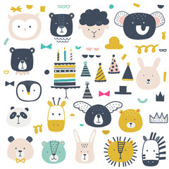 Set of animals, panda, owl, bear, zebra celebrating birthday. Print for T-shirts, kids book, notebook, poster, postcard etc.Vector illustration.. © reddish