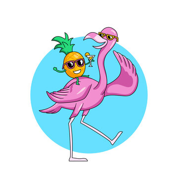 Happy Flamingo bird chill dance with pineapple fruit character vector illustration for summer vibes concept design