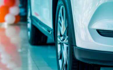 Closeup new white luxury SUV car parked in modern showroom. Car dealership showroom office. Automobile leasing concept. Automotive industry. Electric and hybrid car industry. Automobile for rental.