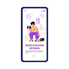 Template for a sports landing page. Fitness in isolation COVID-19. The male character trains at home. Vector flat cartoon illustration for mobile apps and web design.